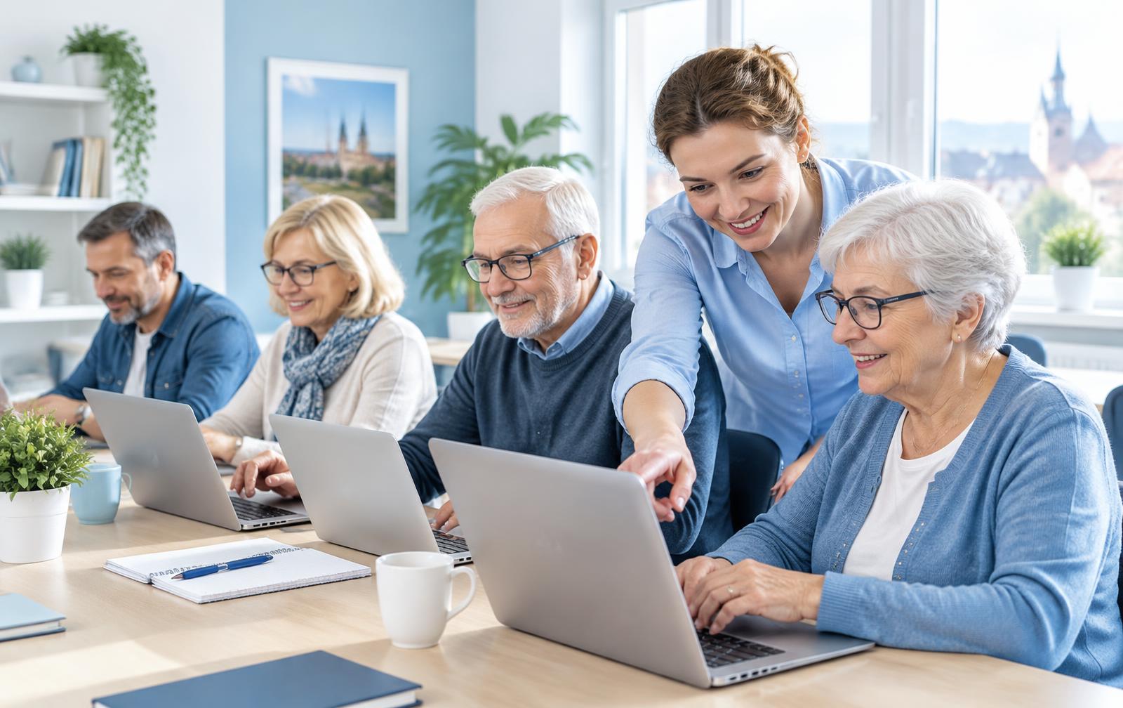 Seniorzy uczą się obsługi laptopów na warsztatach